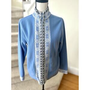 Vintage L.L. Bean Blue Nordic Edelweiss Printed Zippered Fleece